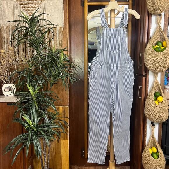 Vintage Railroad Stripe Overalls 2P Blue White Cotton Straight Leg Workwear Chic - Picture 3 of 14